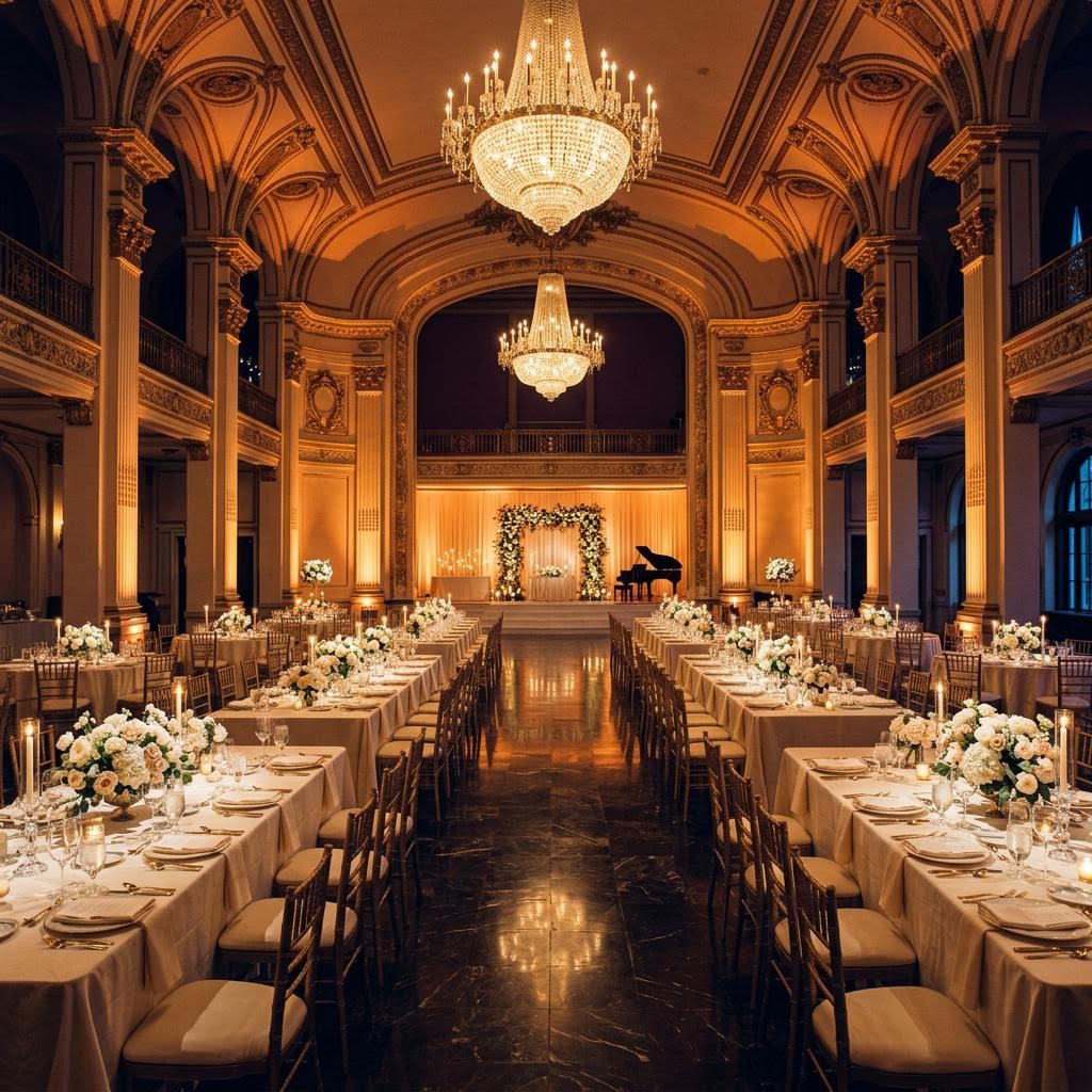 Warm amber lighting across a ballroom